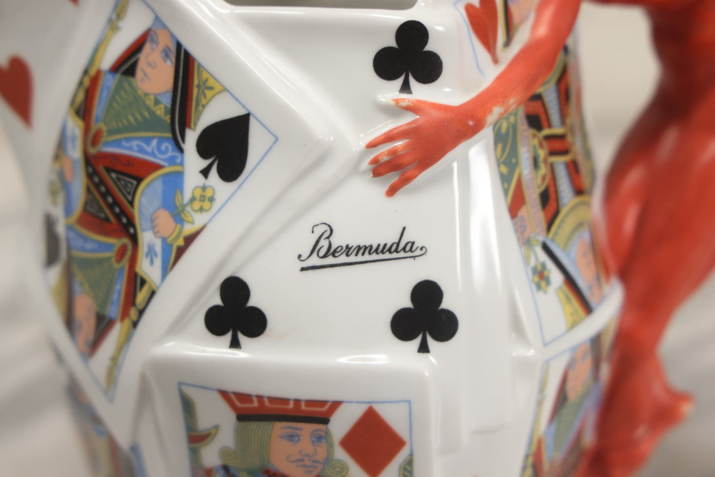 Lot 032 - Vintage Royal Bayreuth "Devil & Cards" Pitcher With Playing Card Motif And Devil Handle, Circa 1940s Marked "Bermuda", Note Chip To Spout