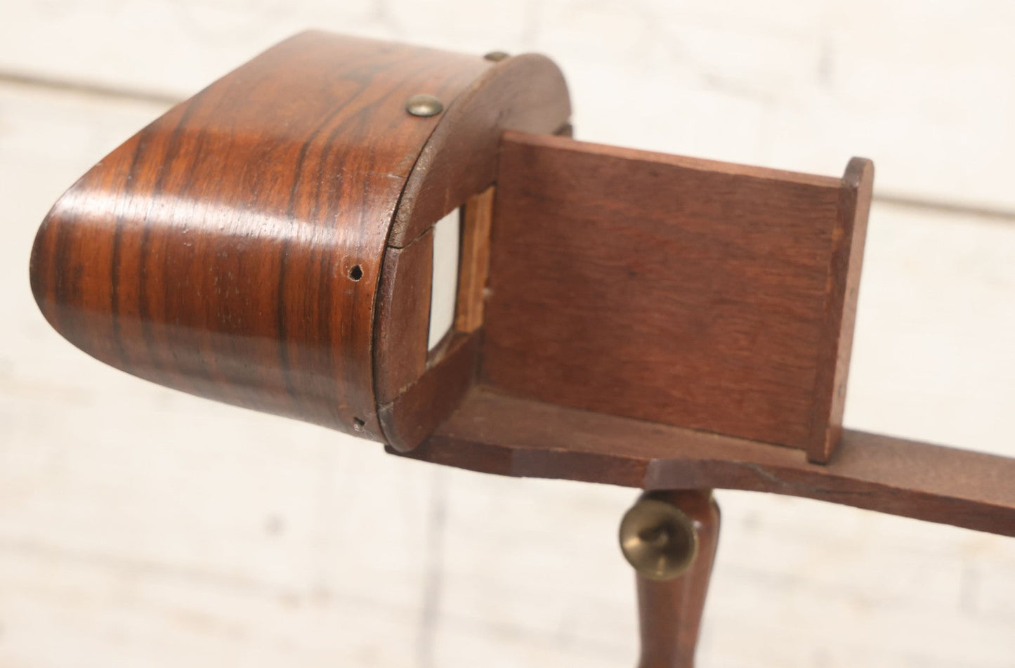 Lot 041 - Antique Wooden Stereoscopic Card Viewer On Turned Pedestal Stand, Complete With Viewing Hood And Card Holder