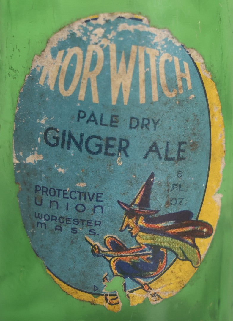 Lot 045 - Vintage Norwitch Pale Dry Ginger Ale Green Glass Soda Bottle With Witch Label, Protective Union, Worcester, Massachusetts, Early 20th Century
