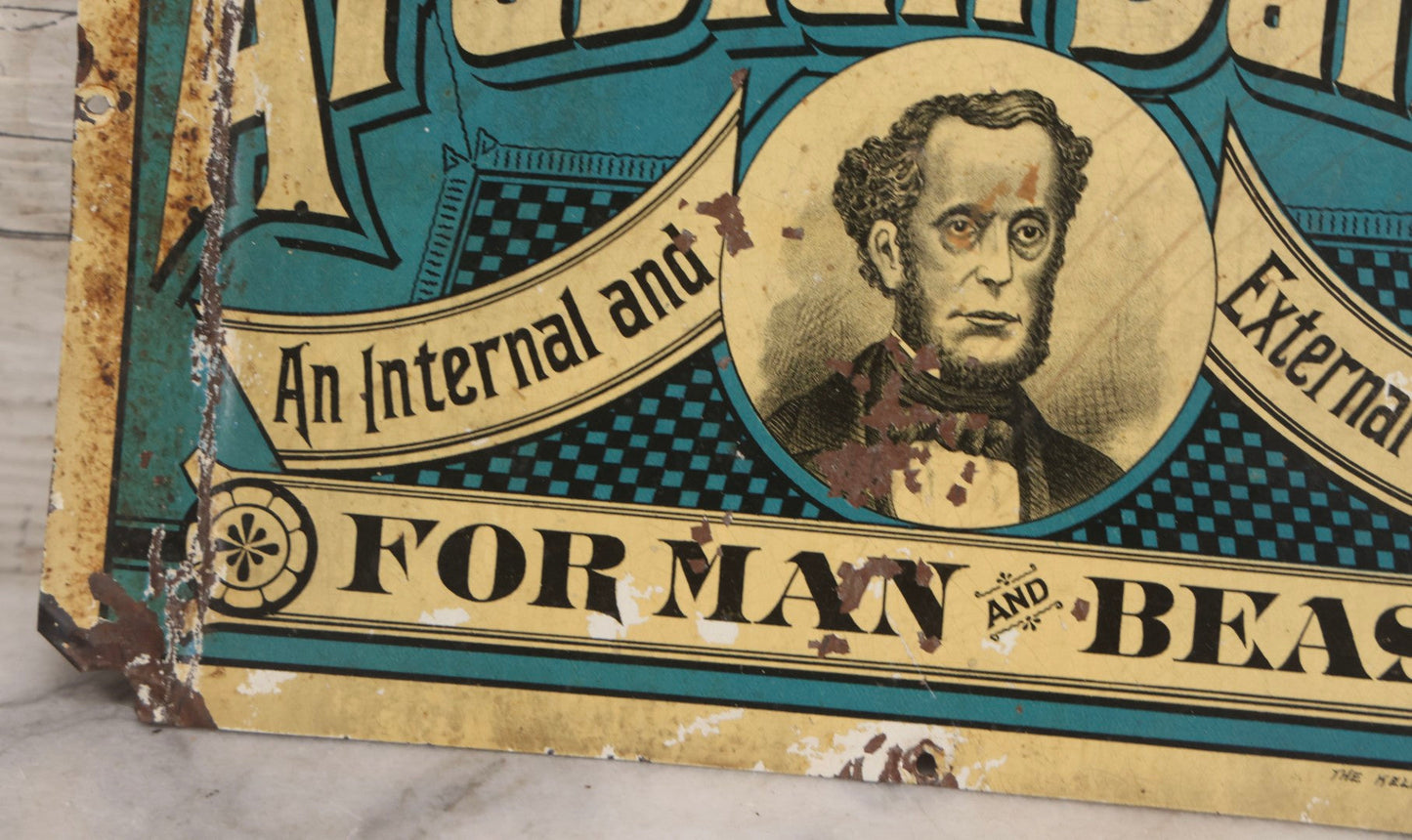 Lot 083 - Antique Dr. Hayne's Arabian Balsam Tin Lithograph Tacker Sign, "For Man And Beast," By Kellogg & Bulkeley Co., Early 20th Century