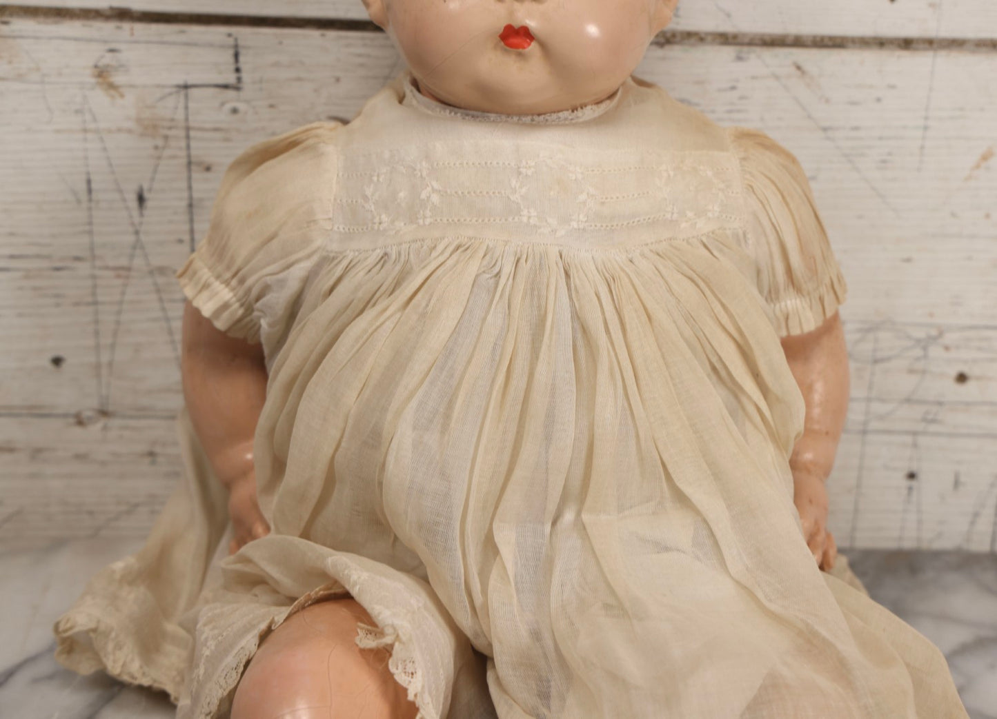 Lot 092 - Vintage Composition Baby Doll With Blue Sleep Eyes, Brown Hair, And Original Outfit, 21" H