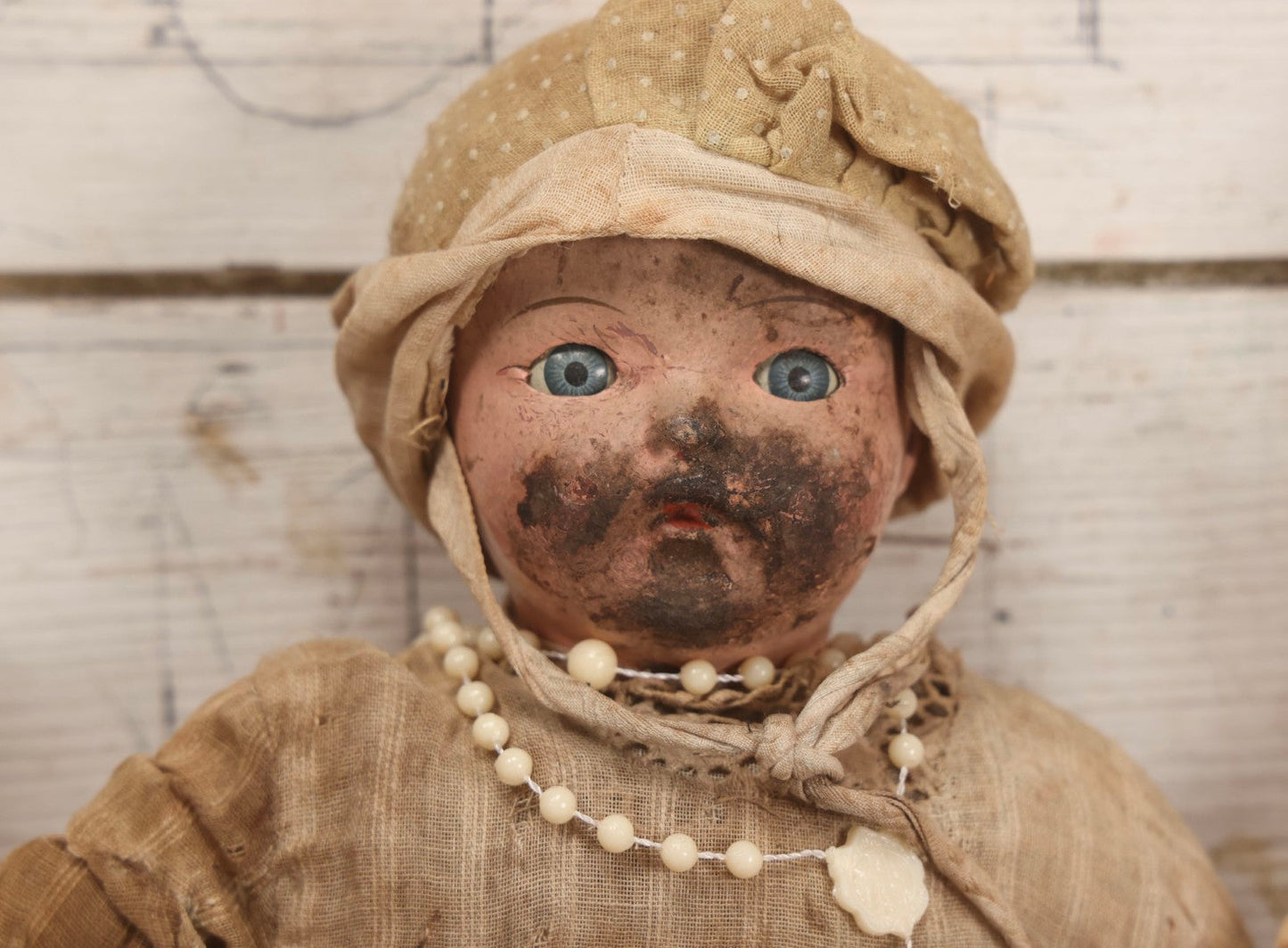 Lot 095 - Trio Of Vintage Composition Baby Dolls Including Pink Dress With Lace Trim, Dirty Dress With Beads, And Sleeveless Undergarment