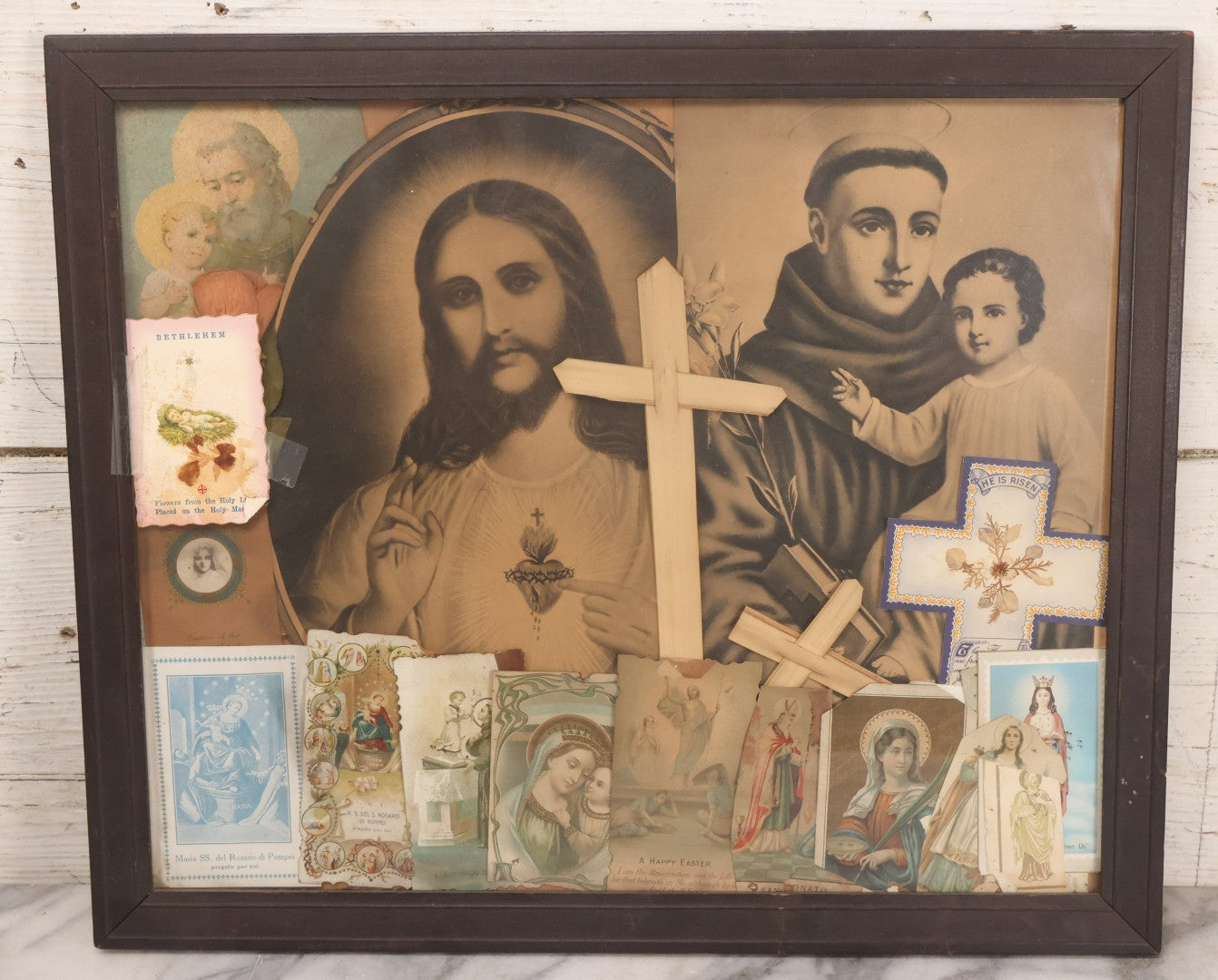 Lot 105 - Vintage Framed Religious Collage With Lithographic Prints, Prayer Cards, And Palm Sunday Crosses