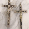 Lot 110 - Pair Of Vintage Pectoral Golgotha Crucifixes In Ebony Wood And White Metal With Skull And Crossbones Motif, One Marked Germany, 7" and 6-7/8" H