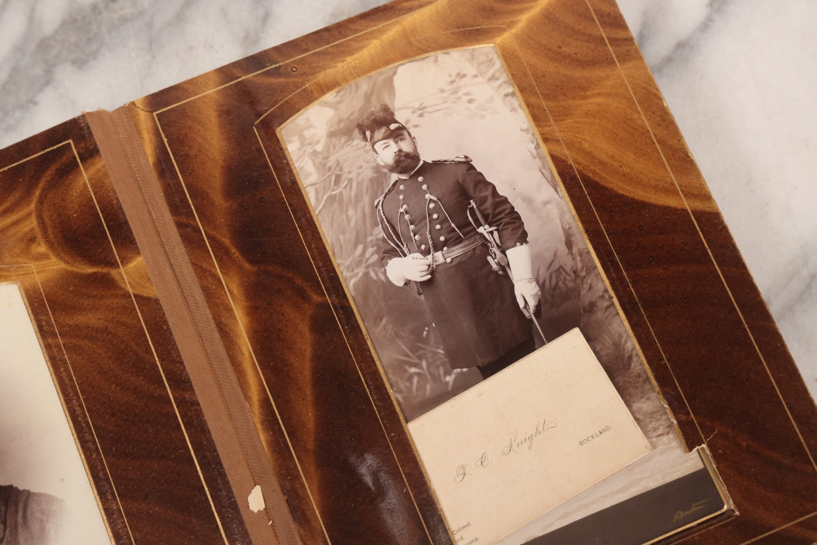 Lot 127 - Antique Brown Leather Covered Cabinet Card Family Photograph Album With 30+ Portrait Images Including Man In Fraternal Or Military Uniform, Men, Women, And Children, Note Binding Loose, Craft Grade