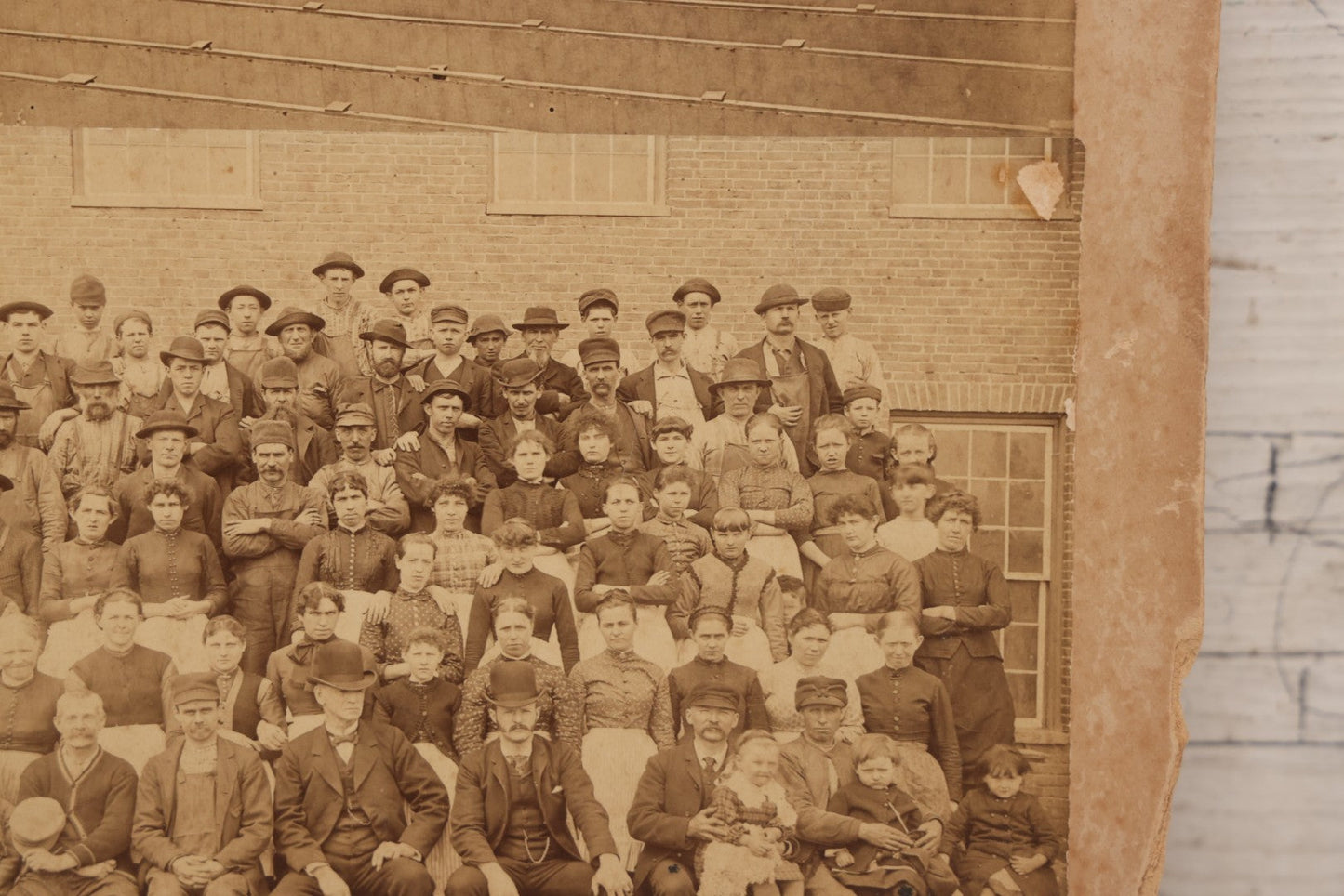 Lot 151 - Antique Board-Mounted Double Occupational Photograph Circa 1880 Depicting Unidentified Factory Or Mill Exterior And Group Portrait Of Workers Including Men, Women, And Boys