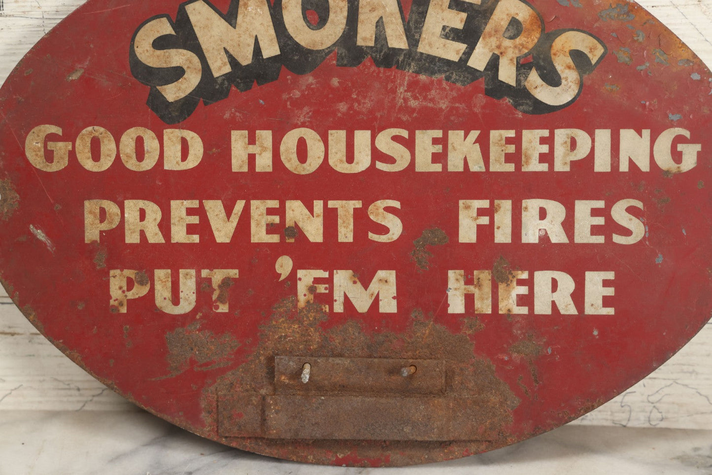 Lot 203 - Vintage “Smokers — Good Housekeeping Prevents Fires, Put 'Em Here” Red Metal Sign, Originally With Ashtray, Circa 1950