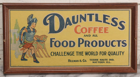 Lot 240 - Vintage Framed Lithographed Advertising Sign For Dauntless Coffee And Food Products, With Roman Charioteer Motif, “Challenge The World For Quality,” Printed By The M.C.A. Sign Co., Massillon, Ohio