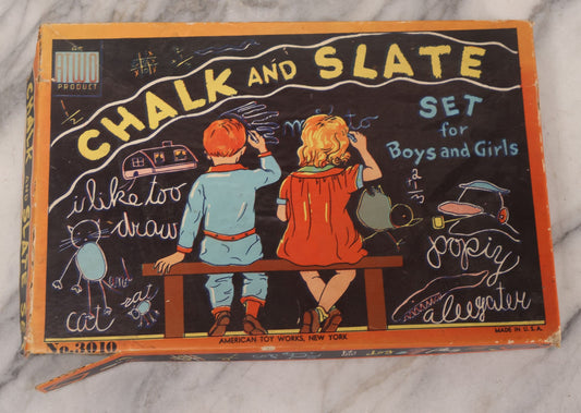 Lot 264 - Vintage "Chalk And Slate Set For Boys And Girls" Toy By American Toy Works No. 3010, New York, Made In U.S.A.., "An ATWO Product," With Wood Framed Slate, Chalk, And Stencil Fragment