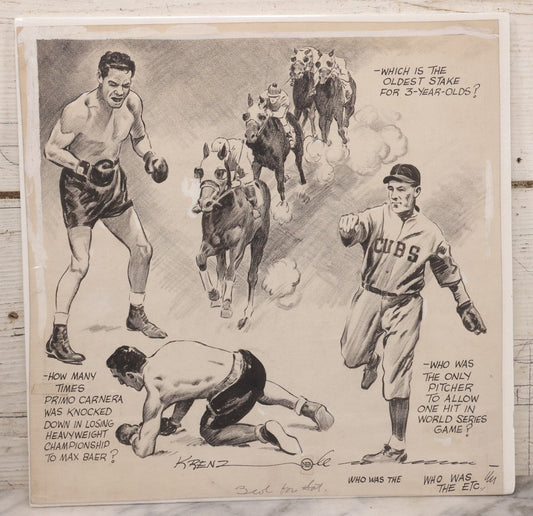 Lot 297 - Vintage Original 1930s Sports Trivia Illustration By Arthur Robert "Art" Krenz (American, 1905-1961) Depicting Boxer, Baseball Player, And Horse Race With Trivia Questions, Graphite And Ink On Paper