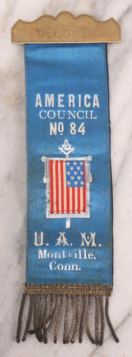 Lot 301 - Antique United American Mechanics U.A.M. Memorial Ribbon, America Council No. 84, Montville, Connecticut, With Masonic Symbols And American Flag, Circa Late 19th-Early 20th Century