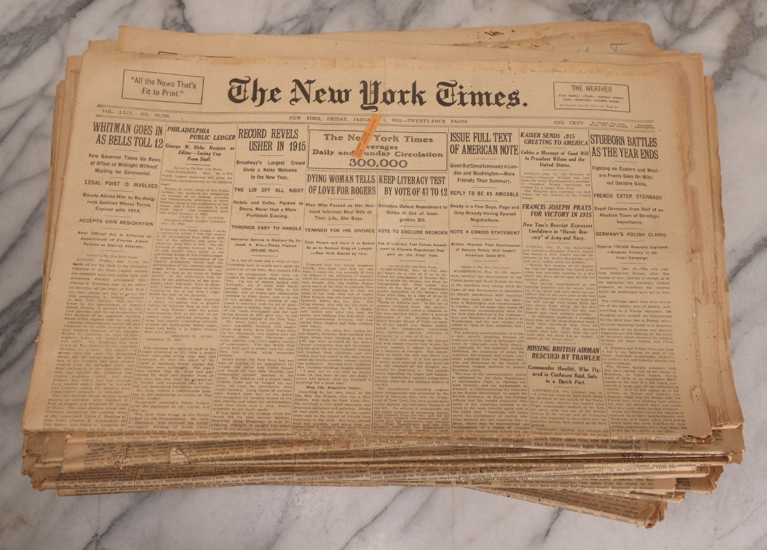Lot 009 - Grouping Of Approximately 60 Antique New York Times Newspapers From 1914-1915 With Front Page World War I Headlines