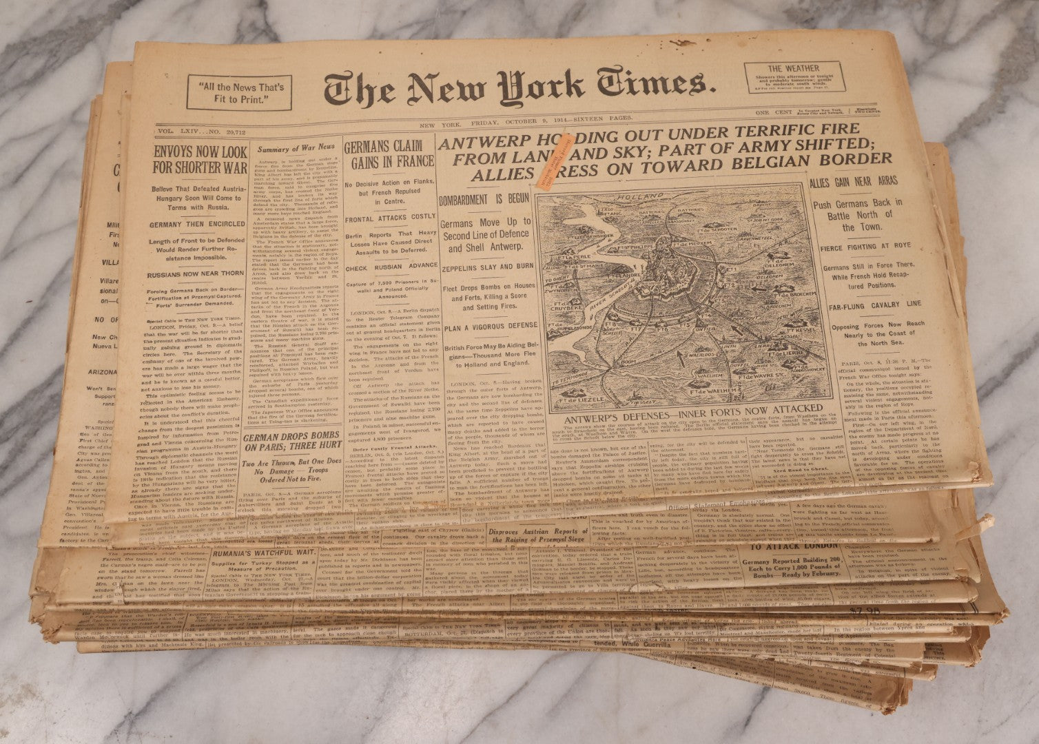 Lot 009 - Grouping Of Approximately 60 Antique New York Times Newspapers From 1914-1915 With Front Page World War I Headlines