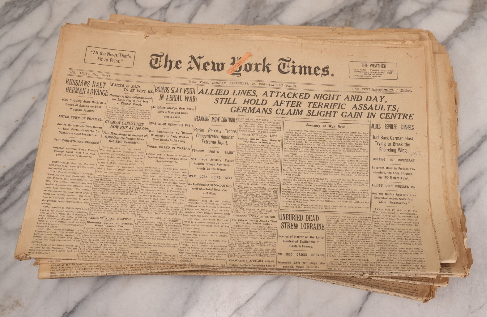 Lot 009 - Grouping Of Approximately 60 Antique New York Times Newspapers From 1914-1915 With Front Page World War I Headlines