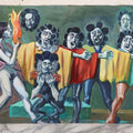 Lot 019 - Contemporary Surrealist Oil On Board Painting With Clown-Like Singing Characters And Nude Figures, Signed By Herbert Leopold (1920-2009), Dated 2001, 17" x 38"