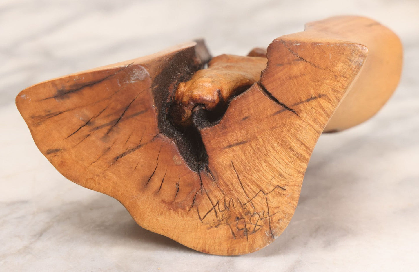 Lot 032 - Vintage Surrealist Carved Wood Branch Sculpture Depicting Two Faces, Signed And Dated 1984, 5-1/4" H