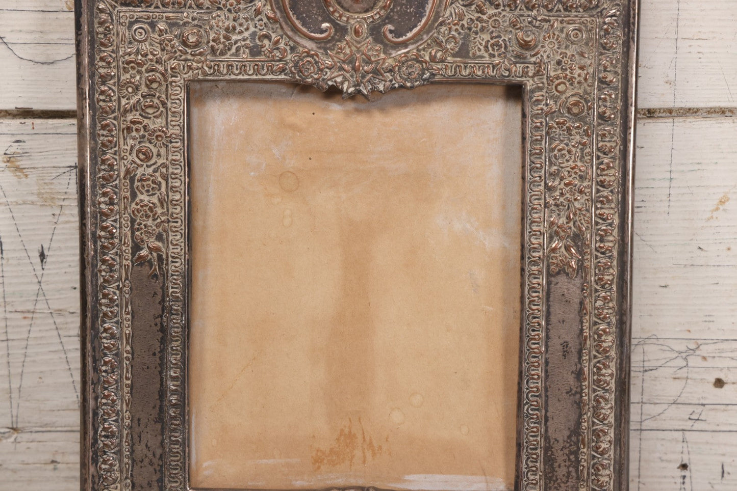 Lot 053 - Antique French Silvered Bronze Picture Frame With Crowned Crest And Fleur-De-Lis, Easel Back, No Glass, Circa Late 19th / Early 20th Century, 10-1/8" x 14-3/4"