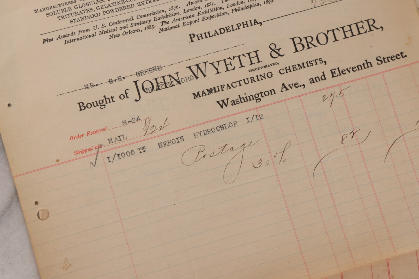Lot 064 - Grouping Of 20+ Antique Billhead Receipts From John Wyeth & Brother Inc., Manufacturing Chemists, Philadelphia, For Narcotics Including Heroin, Morphine, Codeine, Strychnine, Cocaine, And Other Medicines, Sold To Mr. G.E. Greene, Dated 1903