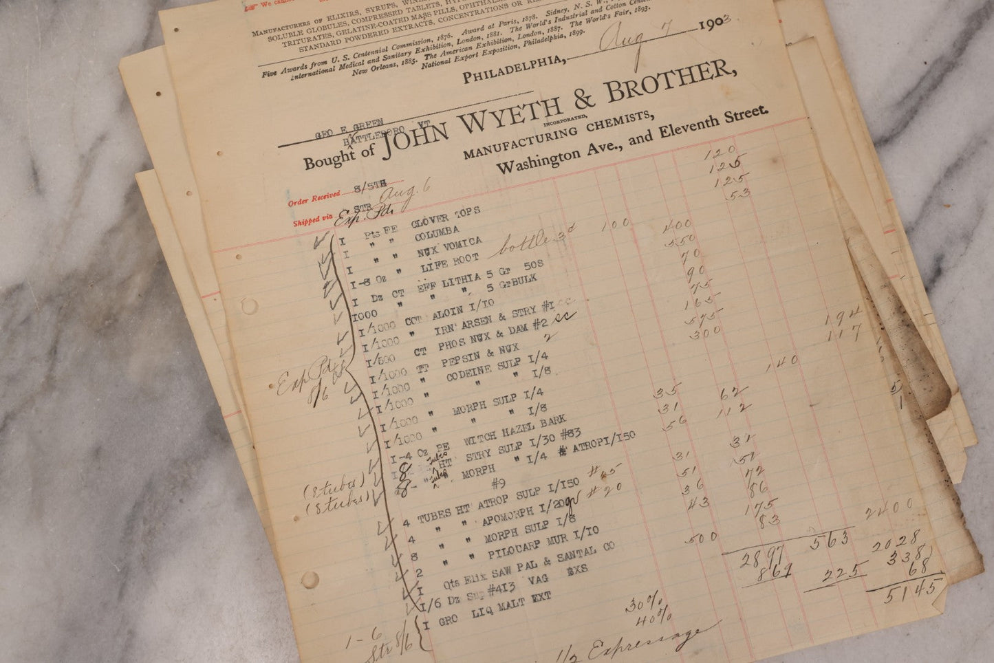 Lot 064 - Grouping Of 20+ Antique Billhead Receipts From John Wyeth & Brother Inc., Manufacturing Chemists, Philadelphia, For Narcotics Including Heroin, Morphine, Codeine, Strychnine, Cocaine, And Other Medicines, Sold To Mr. G.E. Greene, Dated 1903