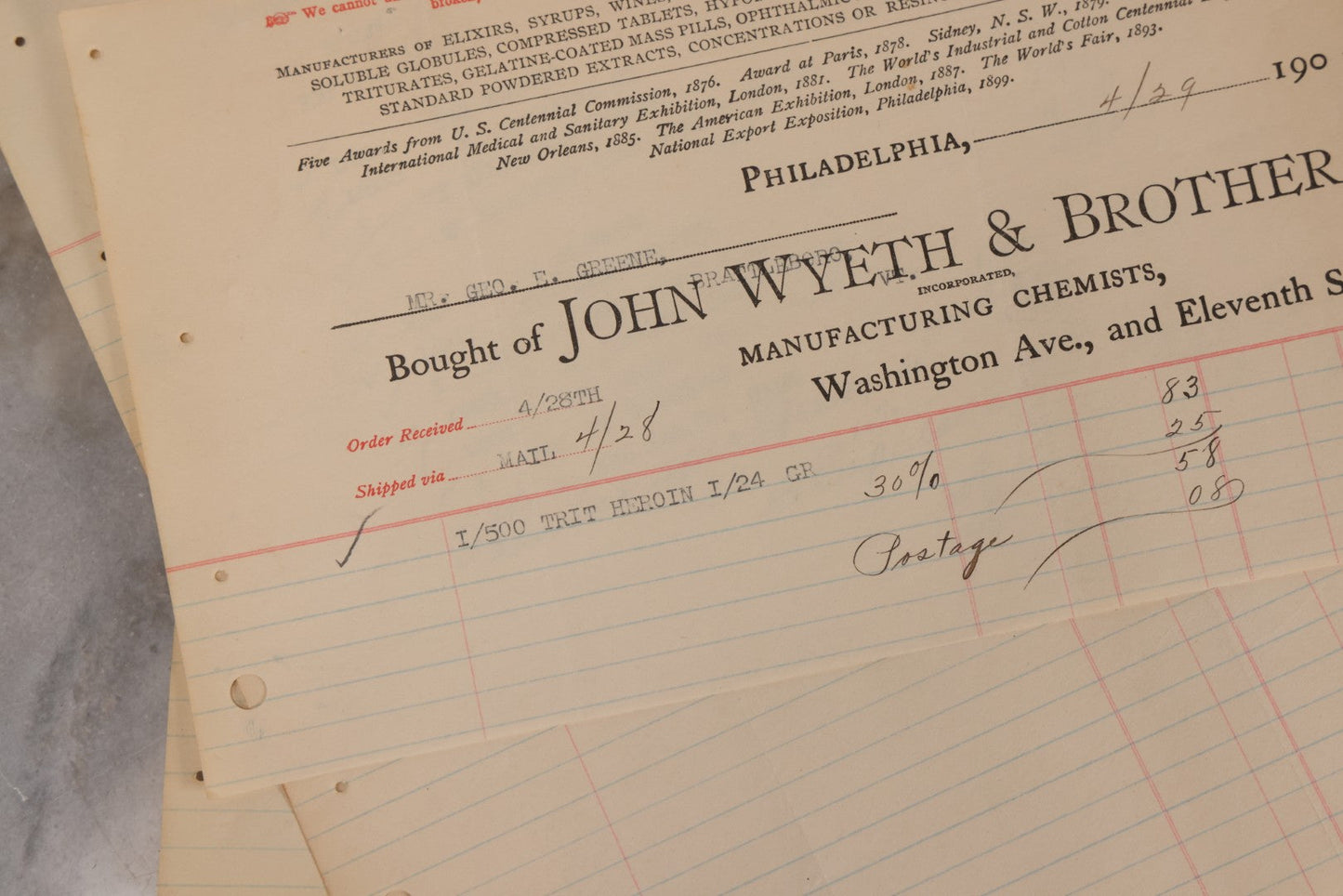 Lot 064 - Grouping Of 20+ Antique Billhead Receipts From John Wyeth & Brother Inc., Manufacturing Chemists, Philadelphia, For Narcotics Including Heroin, Morphine, Codeine, Strychnine, Cocaine, And Other Medicines, Sold To Mr. G.E. Greene, Dated 1903