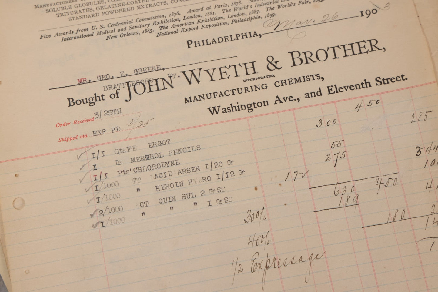 Lot 064 - Grouping Of 20+ Antique Billhead Receipts From John Wyeth & Brother Inc., Manufacturing Chemists, Philadelphia, For Narcotics Including Heroin, Morphine, Codeine, Strychnine, Cocaine, And Other Medicines, Sold To Mr. G.E. Greene, Dated 1903