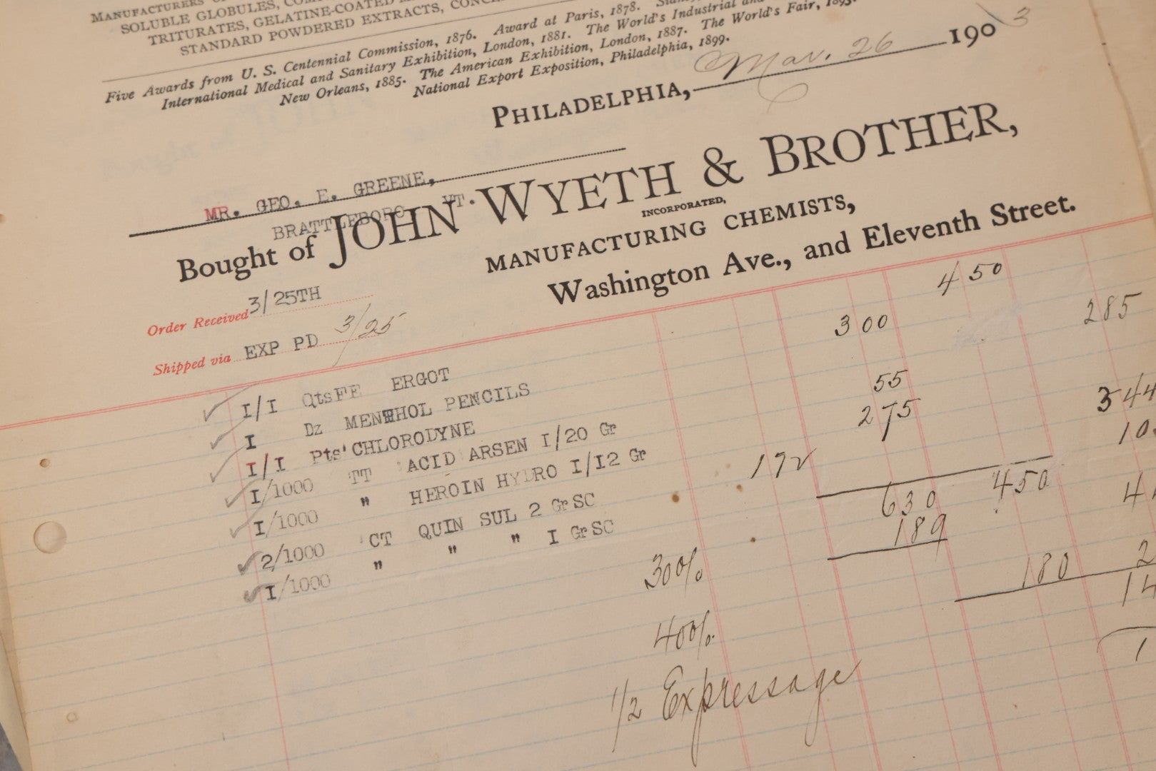 Lot 064 - Grouping Of 20+ Antique Billhead Receipts From John Wyeth & Brother Inc., Manufacturing Chemists, Philadelphia, For Narcotics Including Heroin, Morphine, Codeine, Strychnine, Cocaine, And Other Medicines, Sold To Mr. G.E. Greene, Dated 1903