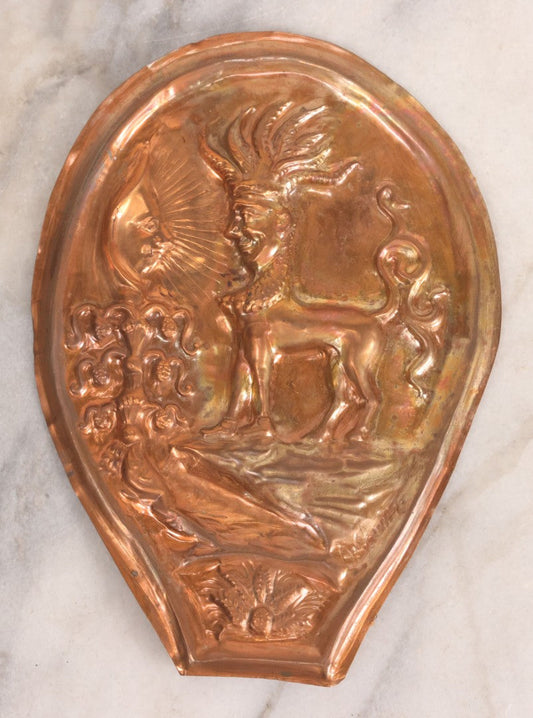 Lot 078 - Vintage Pressed Copper Decorative Panel With Embossed Mythical Creature, Anthropomorphic Sun, And Floral Motifs, Bellows Fragment