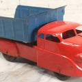 Lot 089 - Vintage Blue And Red Pressed Steel Dump Truck, Wyandotte Toys, Circa 1940s With Working Tilting Bed And Yellow Painted Grille, 13" L