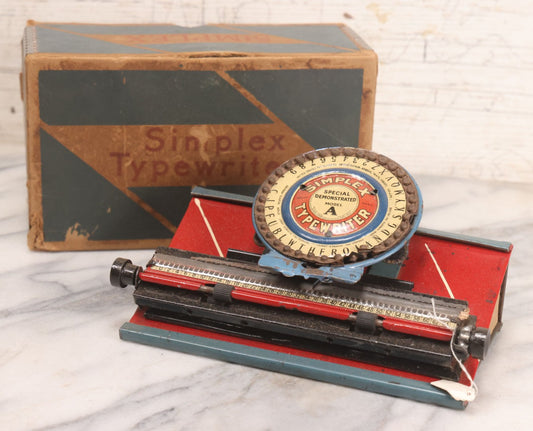 Lot 093 - Vintage Tin Lithograph Simplex Toy Typewriter Model A In Original Box With Pencils, Simplex Typewriter Co., Inc., New York