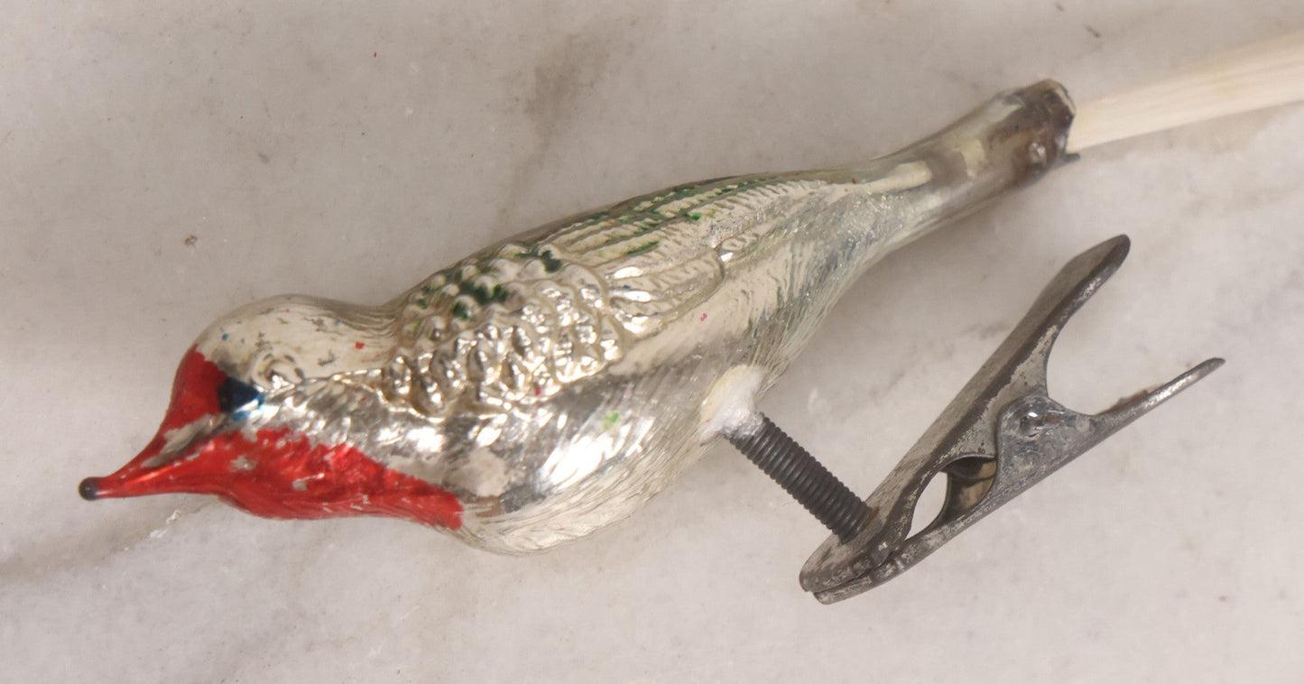 Lot 099 - Grouping Of Nine Vintage Mercury Glass Clip-On Bird Christmas Ornaments, Made In Japan, 5-1/2" L Each