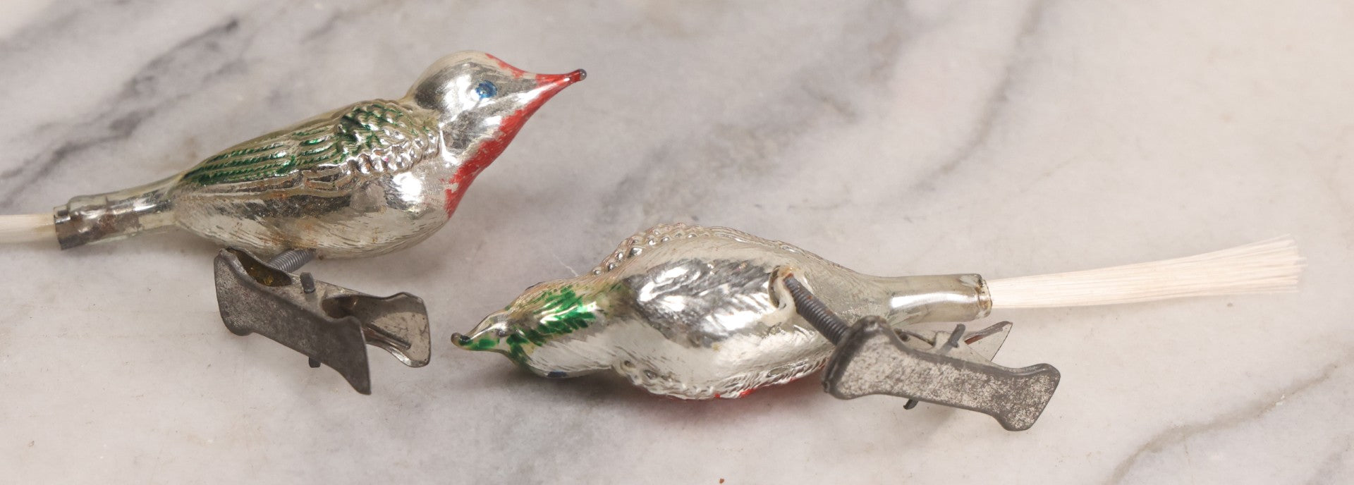 Lot 099 - Grouping Of Nine Vintage Mercury Glass Clip-On Bird Christmas Ornaments, Made In Japan, 5-1/2" L Each