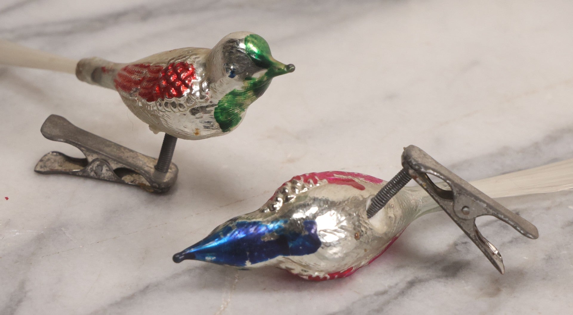 Lot 099 - Grouping Of Nine Vintage Mercury Glass Clip-On Bird Christmas Ornaments, Made In Japan, 5-1/2" L Each
