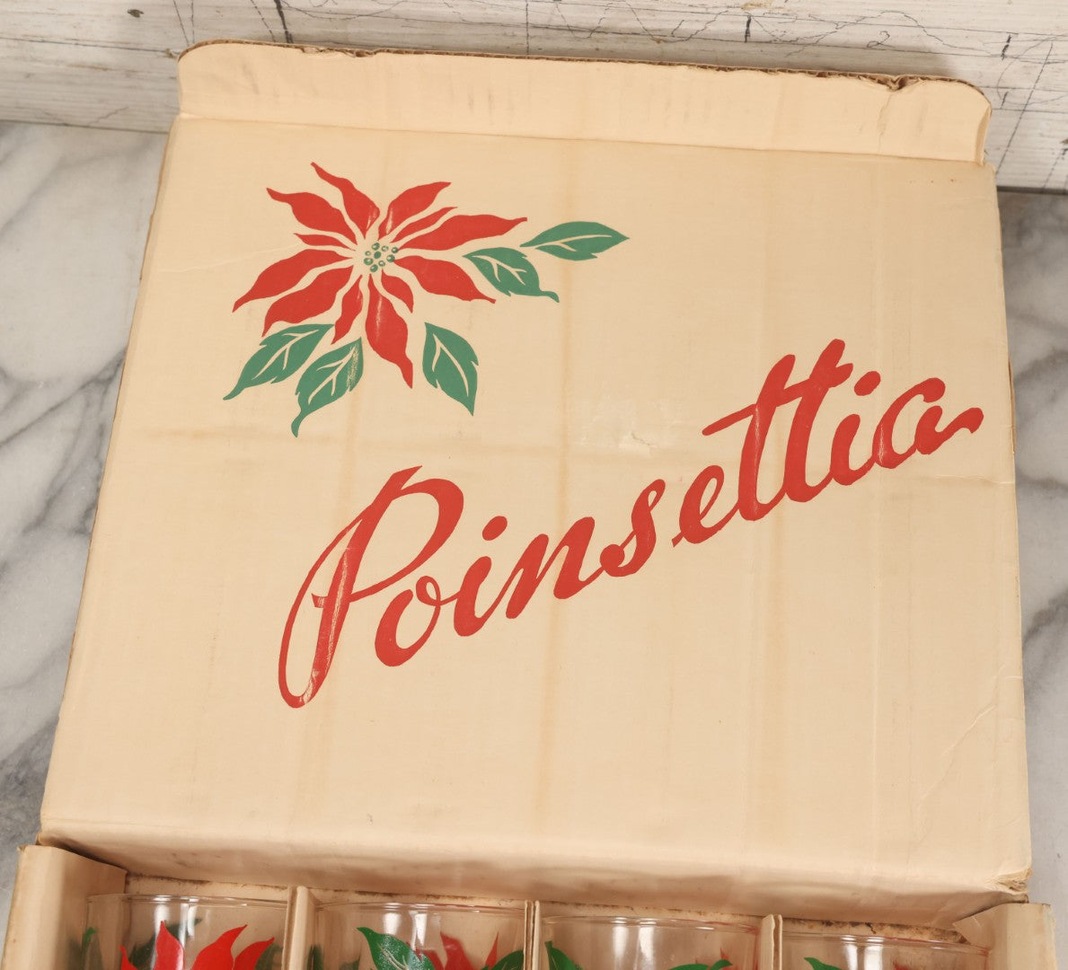 Lot 100 - Vintage Set Of Eight Poinsettia Tumblers In Original Box, Glasses 5" H Each