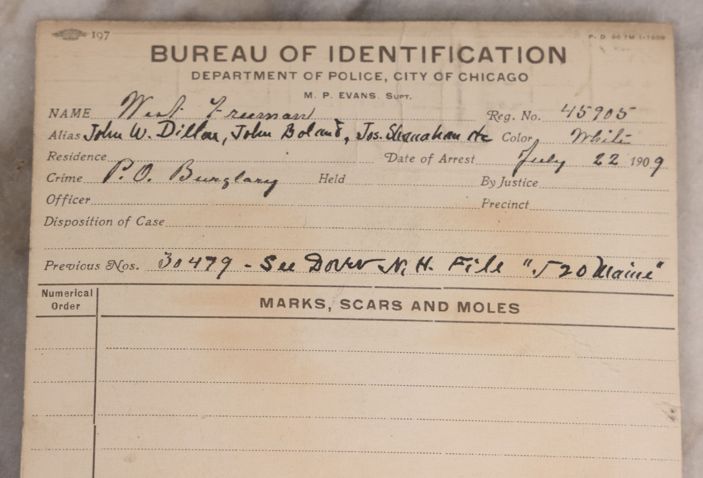 Lot 110 - Antique Real-Photo Police Mugshot And Arrest Card For West Freeman, Arrested For Burglary, July 22, 1909, Bureau Of Identification, Department Of Police, City Of Chicago