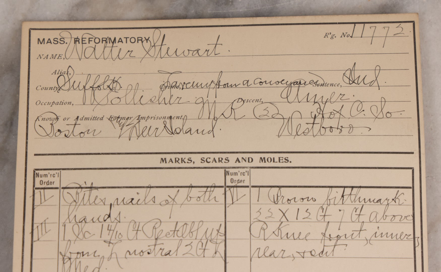 Lot 112 - Antique Real-Photo Police Mugshot And Arrest Card For Walter Stewart, Arrested For Larceny From A Conveyance (Vehicle Robbery), Massachusetts Reformatory, Concord, Massachusetts, 1903