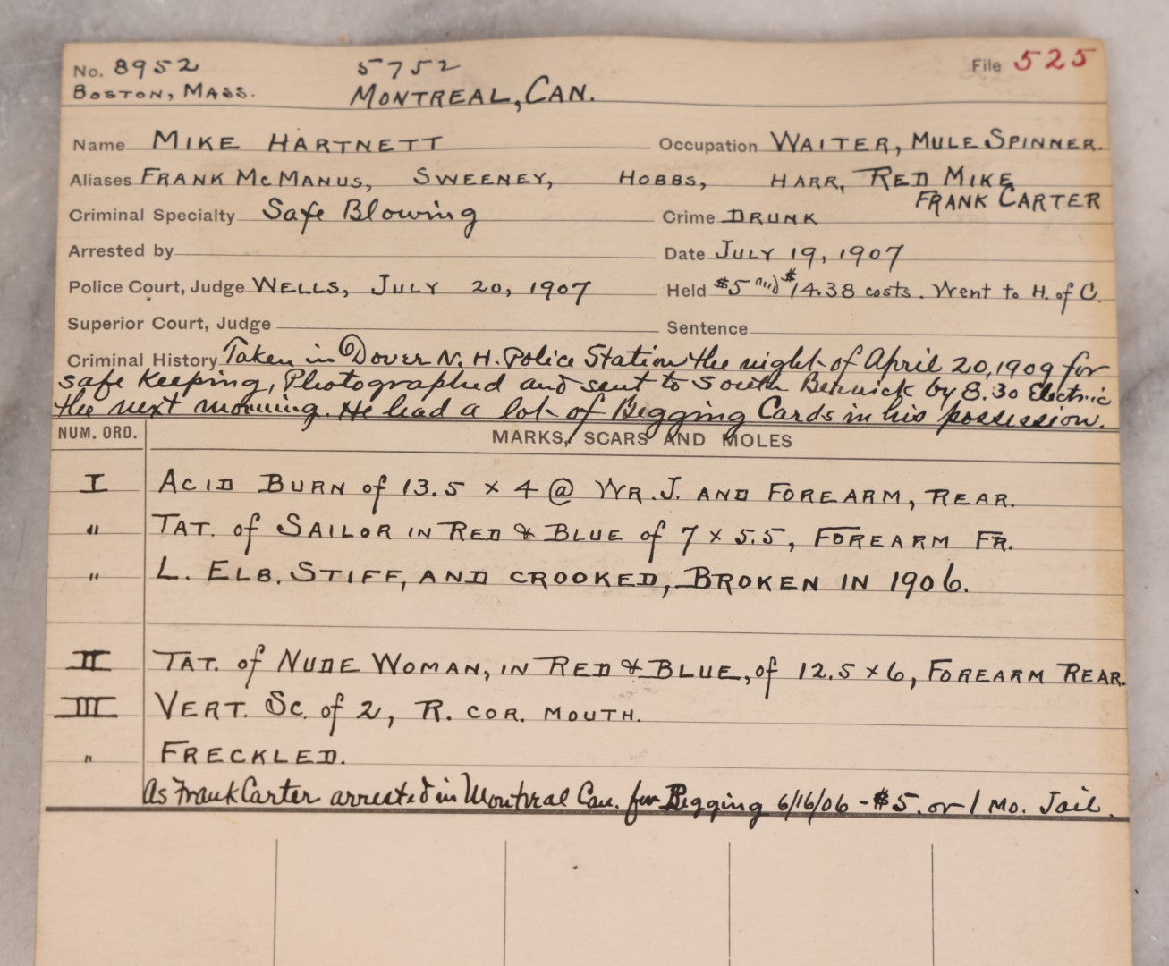 Lot 118 - Antique Real-Photo Police Mugshot And Arrest Card For Michael Hartnett, "Yeggmen," Arrested For Drunkenness, Criminal Specialty Safe Blowing, July 19, 1907, Active Around Dover And Somersworth, New Hampshire, Southern Maine