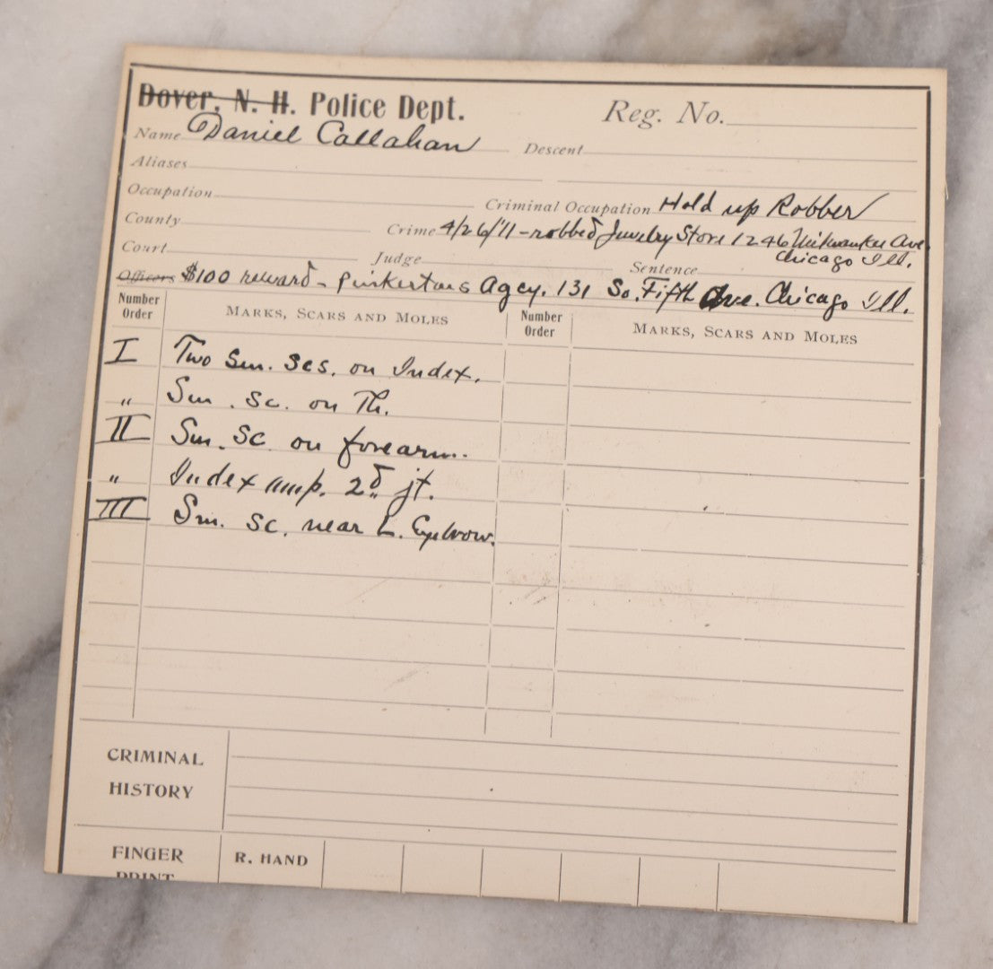 Lot 122 - Grouping Of Nine Antique Police Mugshot Photo Prints Including Walter Brooks, Howard L. Miller, Walter N. Aldridge, Chas A. Moran Alias Chappie Moran, Clarence Sheftall, James E. Kelly, Harry B. Hampton, John O'Connor, Daniel Callahan
