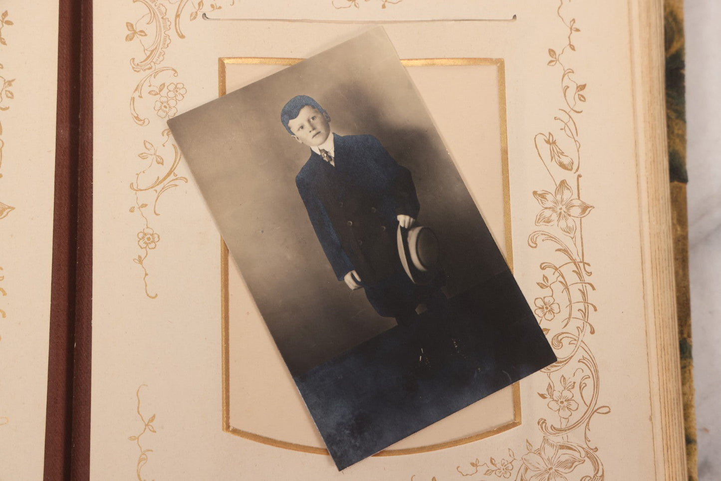 Lot 144 - Antique Green Velvet Photograph Album With Gilt Hardware And Framed Mirror, Mostly Empty, Circa 1870s-1890s