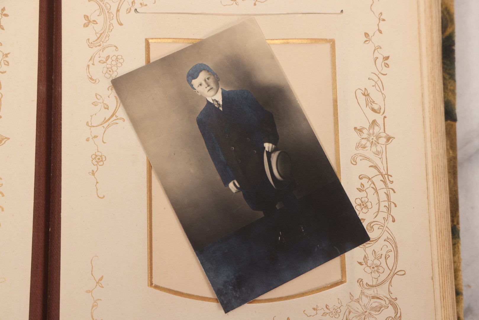 Lot 144 - Antique Green Velvet Photograph Album With Gilt Hardware And Framed Mirror, Mostly Empty, Circa 1870s-1890s