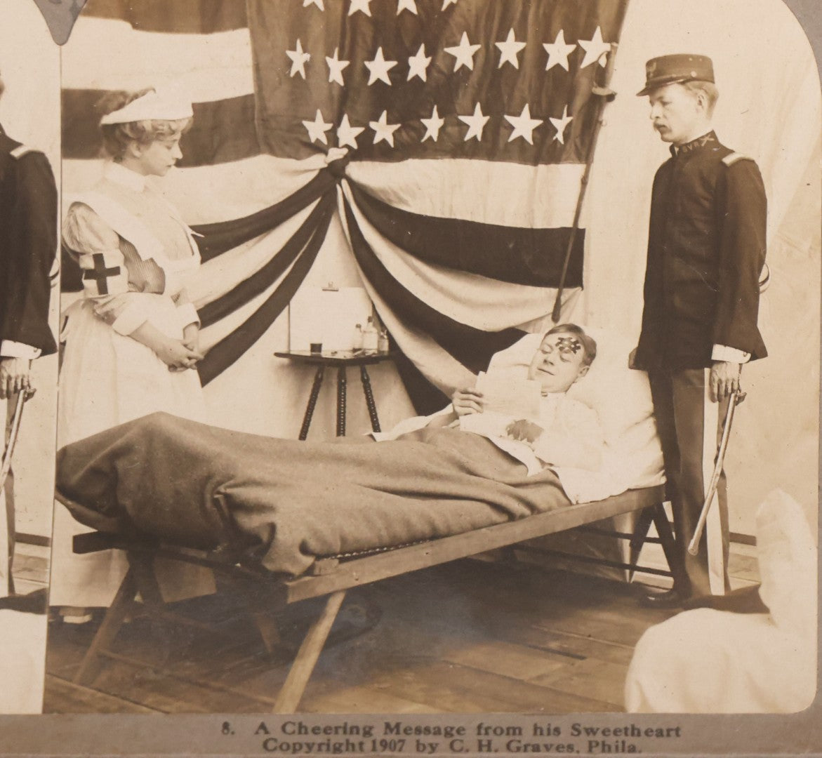 Lot 173 - Grouping Of Five Antique Stereo View Cards, Romantic Scenes Of Wounded Soldier In Bed Before American Flag, Art Nouveau (Platino) Stereograph Cards Published By Universal Photo Art Co., Copyright C.H. Graves, Publisher, 1907, Philadelphia