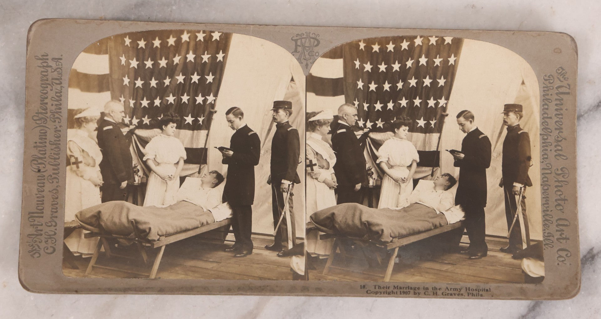Lot 173 - Grouping Of Five Antique Stereo View Cards, Romantic Scenes Of Wounded Soldier In Bed Before American Flag, Art Nouveau (Platino) Stereograph Cards Published By Universal Photo Art Co., Copyright C.H. Graves, Publisher, 1907, Philadelphia