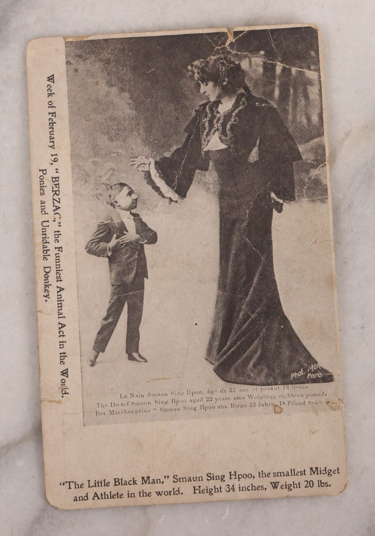 Lot 181 - Antique Sideshow Postcard "'the Little Black Man' Smaan Sing Hpoo, The Smallest Midget And Athlete In The World, Height 34 Inches, Weight 20 Lbs.," Poli's New Theatre, Authorized By Act Of Congress May 19, 1898