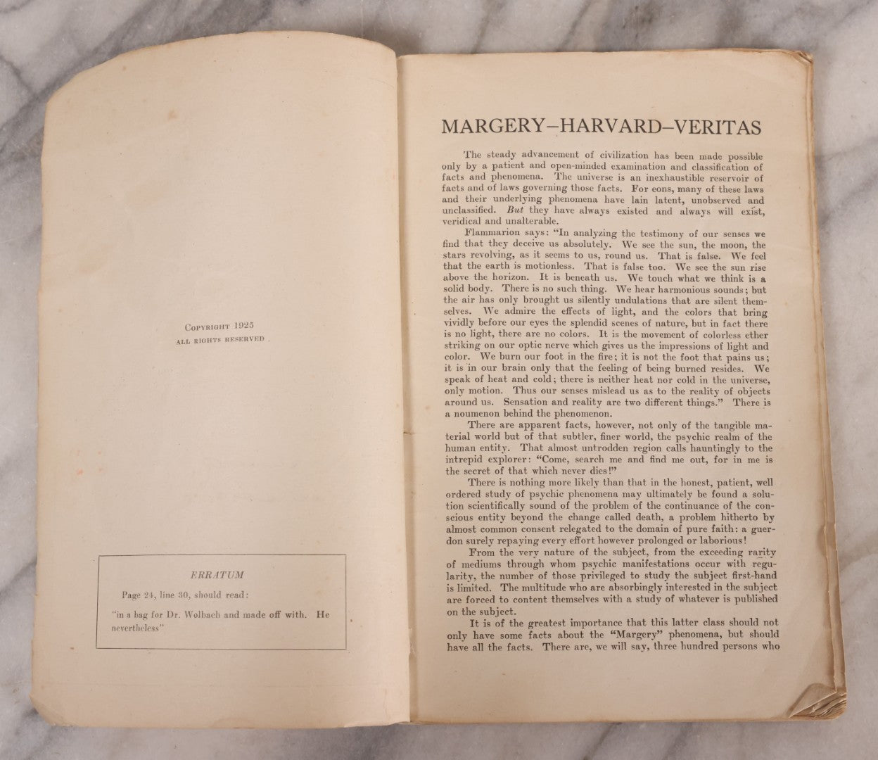 Lot 198 - Vintage "Margery Harvard Veritas A Study In Psychics" Book By Mark W. Richardson, Charles S. Hill, Alfred W. Martin, S. Ralph Harlow, Others, Published By Blanchard Printing Co., Boston, 1925, Signed By Charles S. Hill