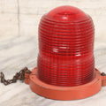 Lot 212 - Vintage Red Glass Warning Light Lens With Orange Painted Metal Base And Chain, 5-1/4" H