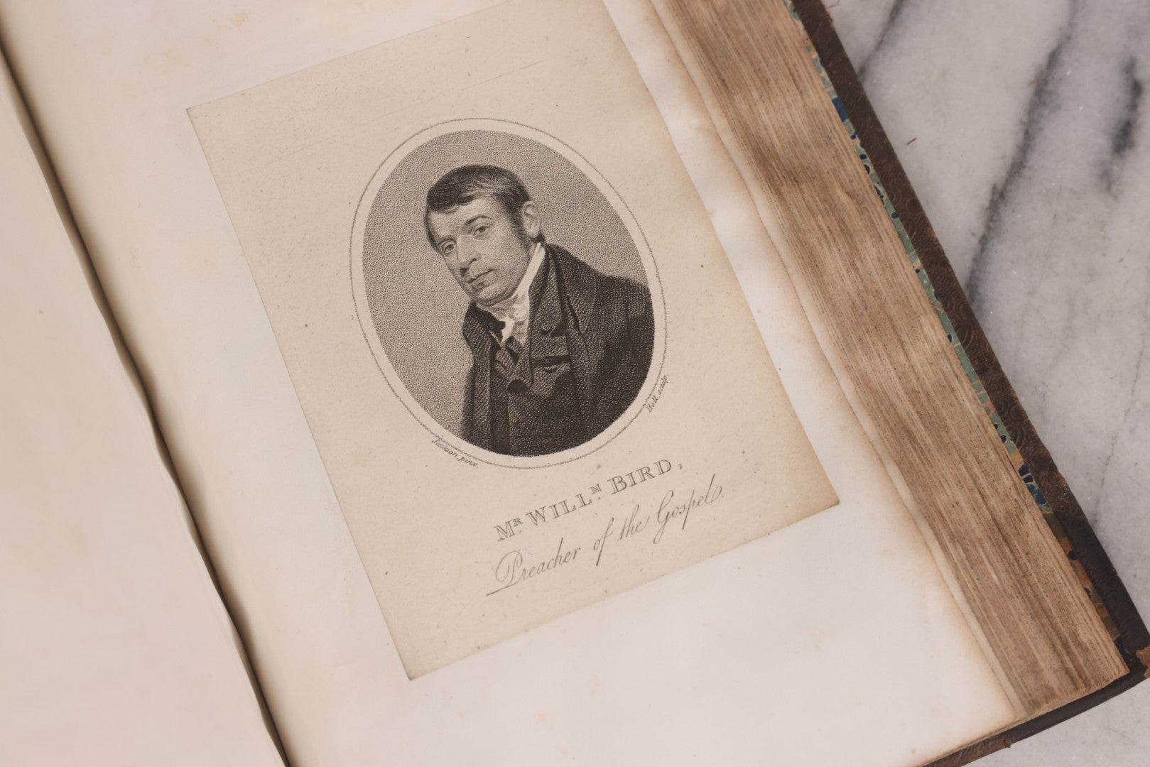 Lot 239 - "Wesleyan Portraits" Antique Bound Volume Of Pasted-In Engraved Reverend Portraits, Including Rev. Jeremiah Burnett, With Marbled Endpapers And Bookplate For Katie C. Mullikin, Volume II