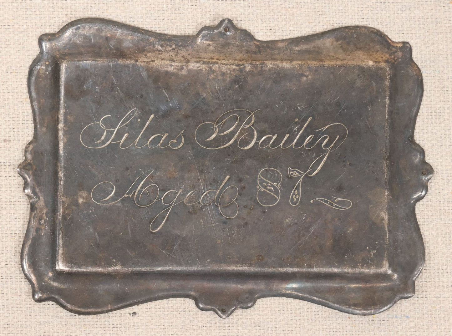 Lot 004 - Antique Engraved Metal Casket Plaque For Silas Bailey, Aged 87, Circa Late 19th Century