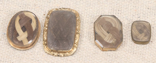 Lot 006 - Grouping Of Four Antique Victorian Unmounted Hair Work Jewelry Panels In Gold-Colored Settings With Beveled Glass