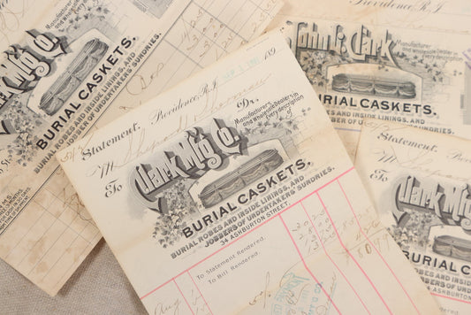 Lot 007 - Grouping Of Antique Funeral Ephemera Including Bills From Clark Mfg. Co. Burial Caskets And National Casket Company, 1890s-1910s