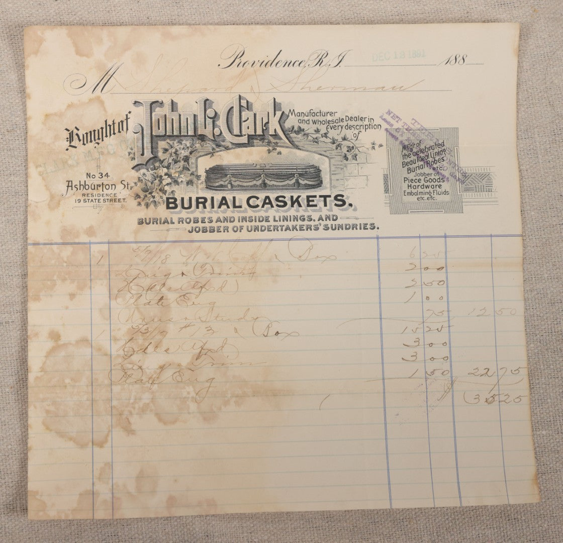 Lot 007 - Grouping Of Antique Funeral Ephemera Including Bills From Clark Mfg. Co. Burial Caskets And National Casket Company, 1890s-1910s