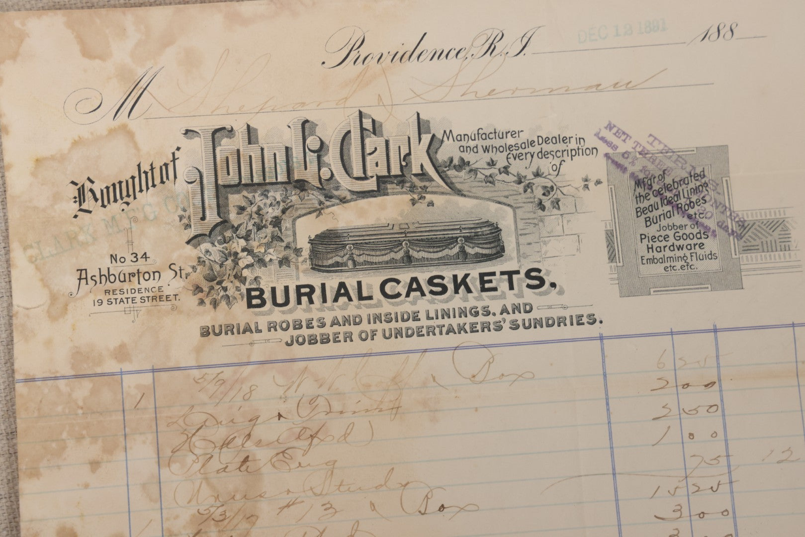 Lot 007 - Grouping Of Antique Funeral Ephemera Including Bills From Clark Mfg. Co. Burial Caskets And National Casket Company, 1890s-1910s